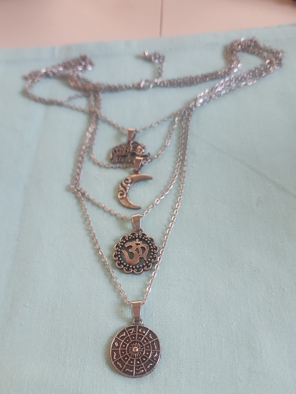 Layered Silver-Tone Spiritual Pendant Necklace Set - Silver